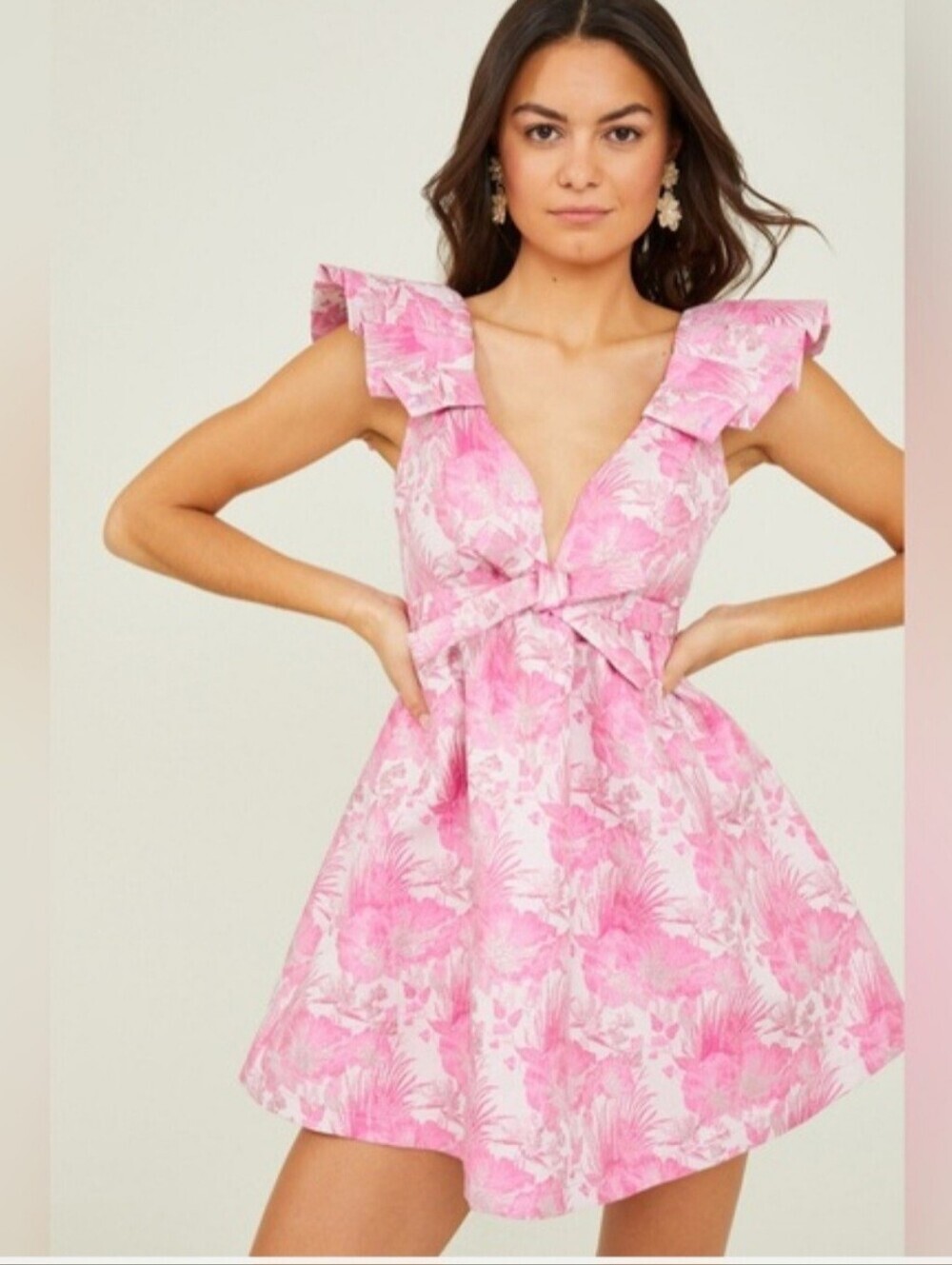 Altar'd state pink floral jacquard mini dress medium feminine glam bow ruffle
